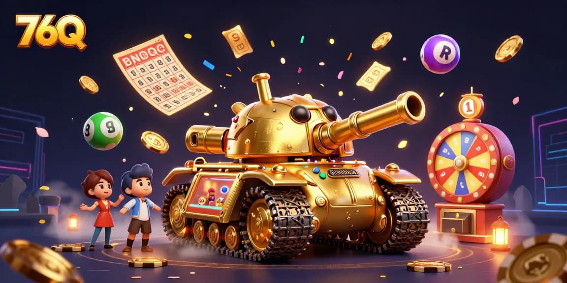 Explore a emoção do jogo com 76Q em um cassino miniatura dentro de um tanque dourado.