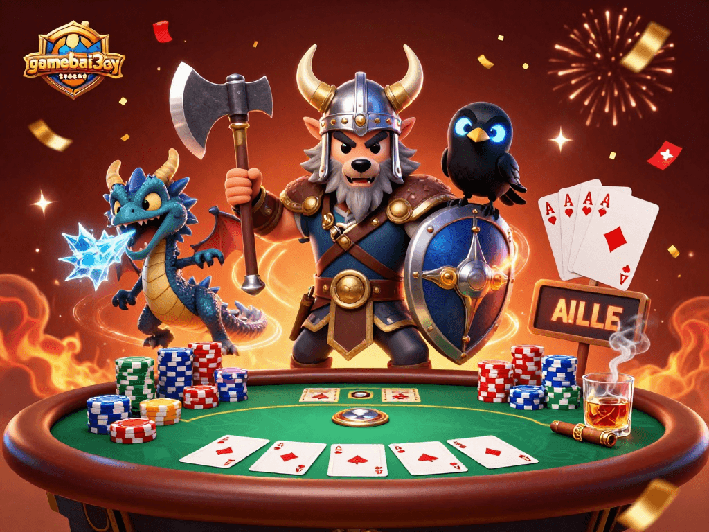 Gamebai3cay showcases a Viking wolf warrior with a fierce dragon and poker elements in a vibrant casino scene.