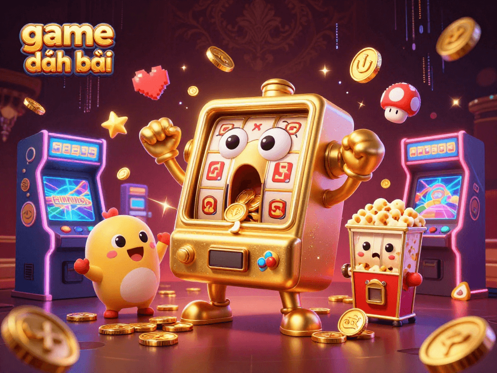 game đánh bài scene featuring a golden slot machine celebrating a jackpot with cheering baby slot machines and a popcorn sidekick