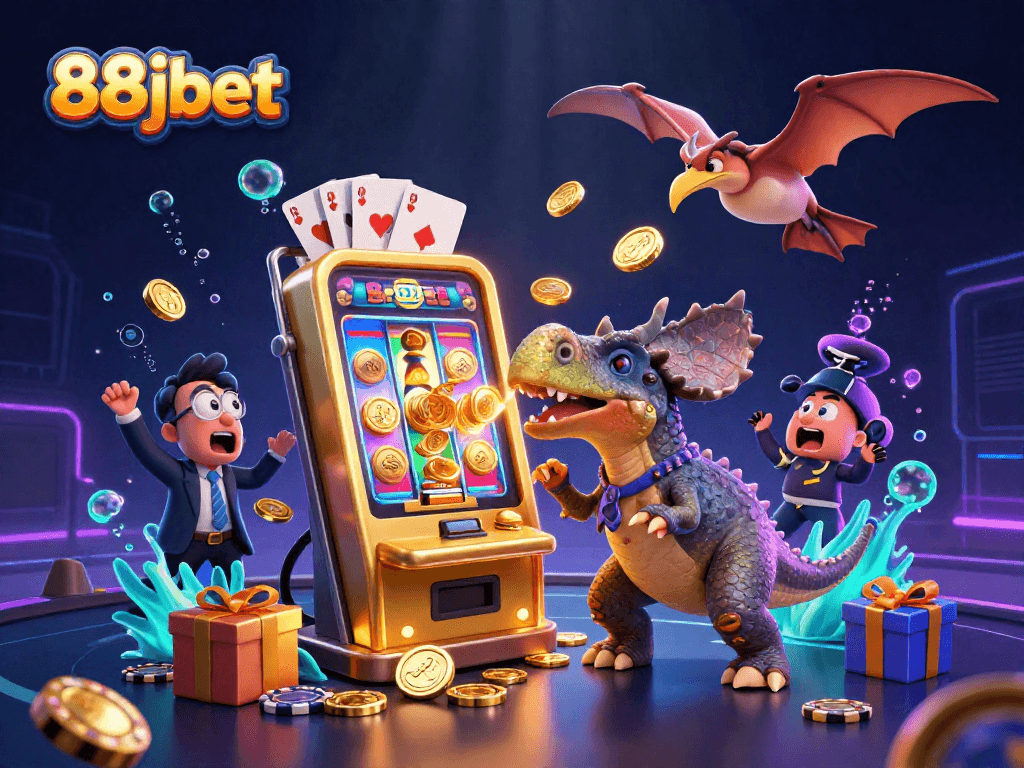Experience thrilling gameplay at 88jbet with a cartoon dinosaur character jackpot scene and dynamic casino elements.