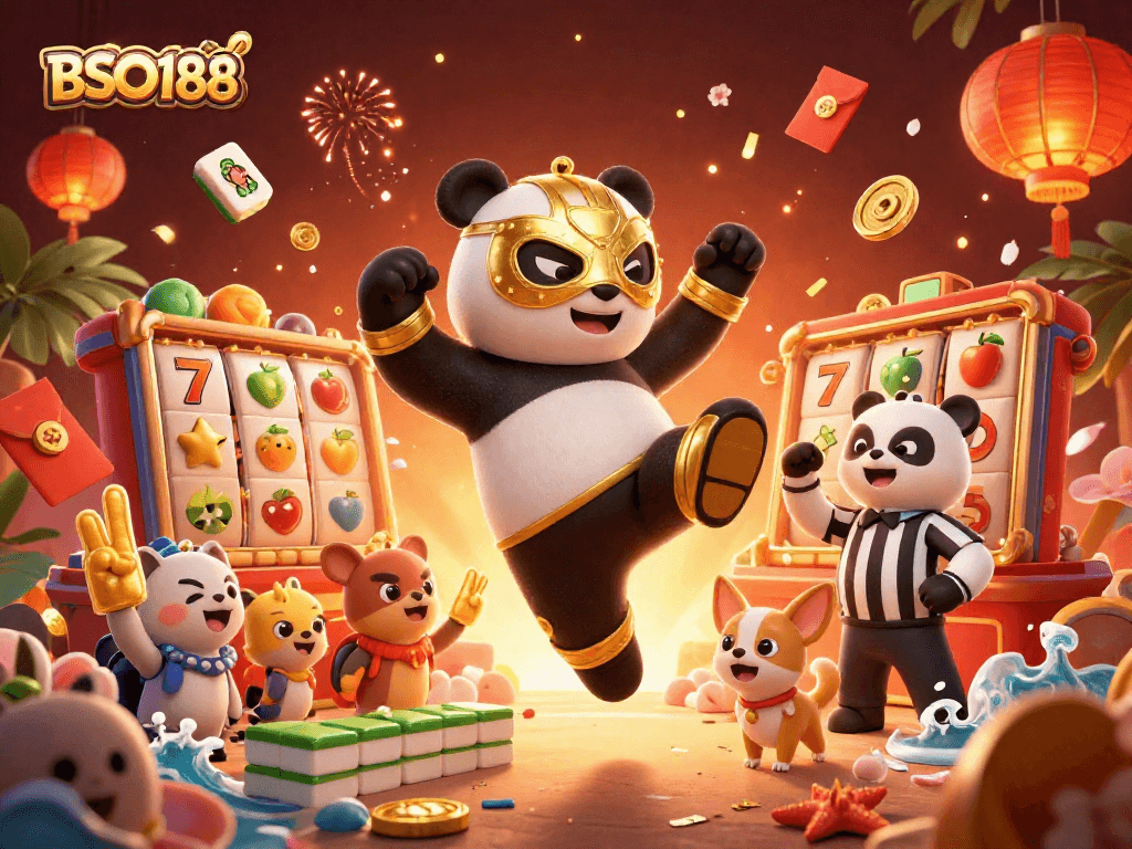 Engage with BSO188 through a cartoon wrestling scene showcasing slot reels and cheering animals.