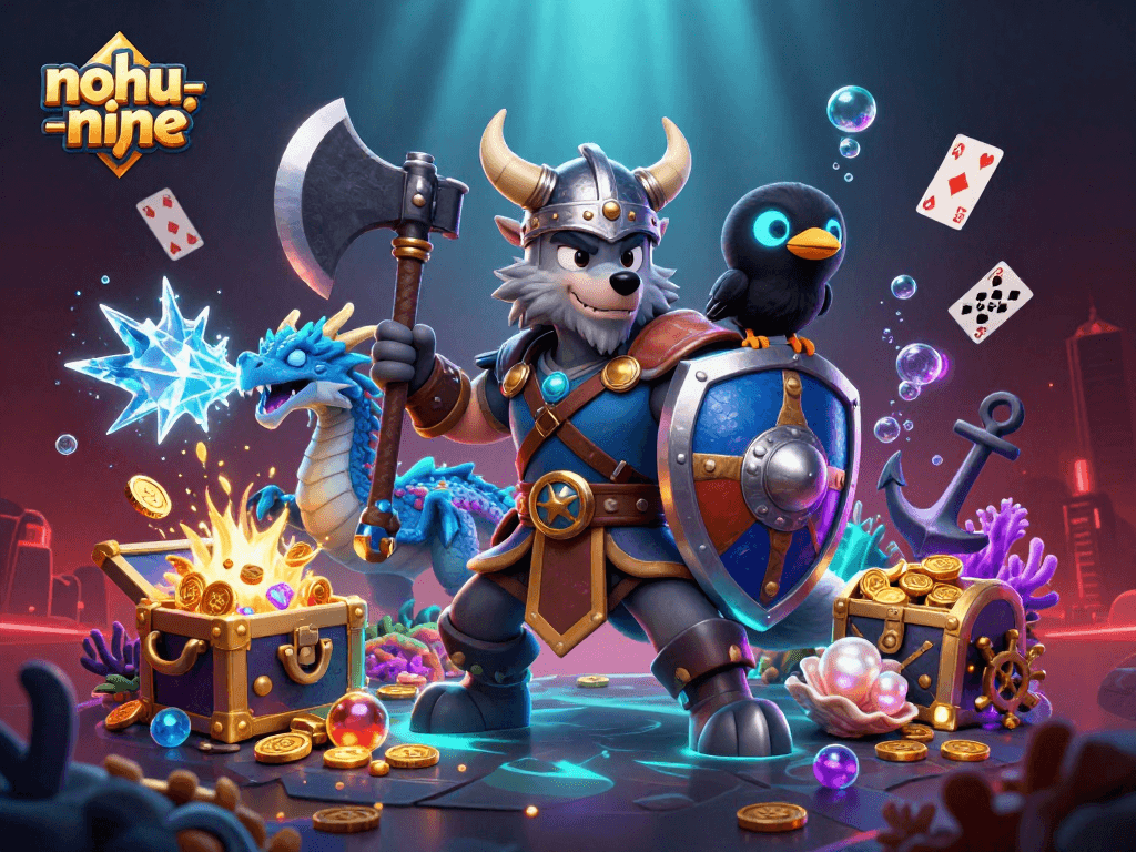 Experience thrilling gameplay in nohu-nine, featuring a Viking wolf warrior, fierce dragon, and cards.