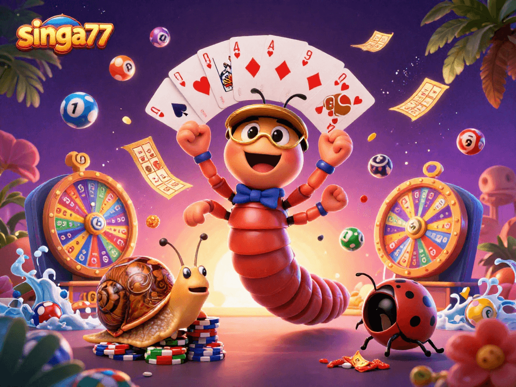 Singa77 offers vibrant lottery excitement with cartoon characters and dynamic game elements