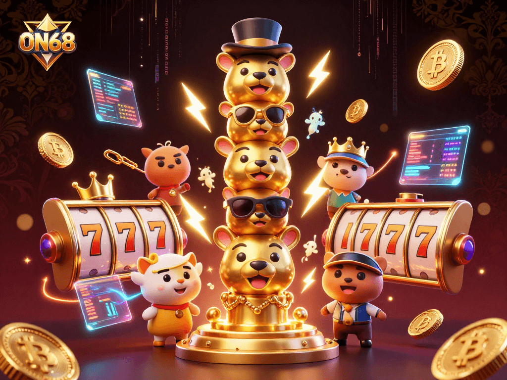 Experience thrilling gaming at ON68 with a vibrant, animated 3D casino scene featuring slot reels and dynamic characters.