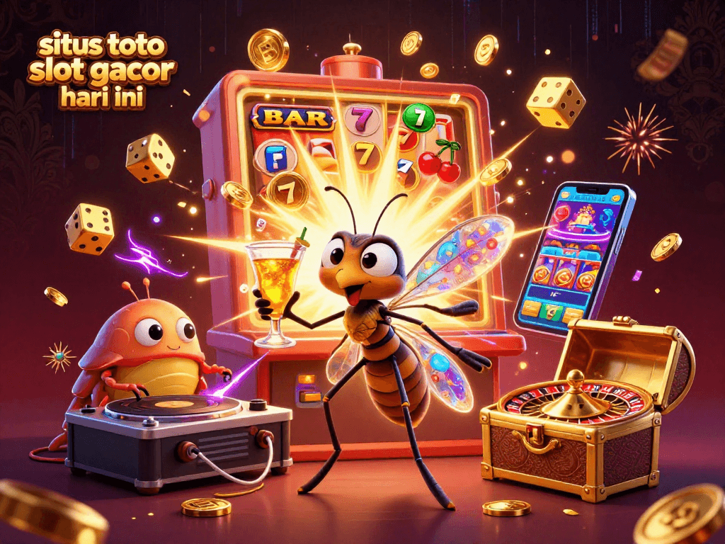 Engage with situs toto slot gacor hari ini, illustrated as a lively, dynamic casino scene featuring unique characters and exciting gaming elements.