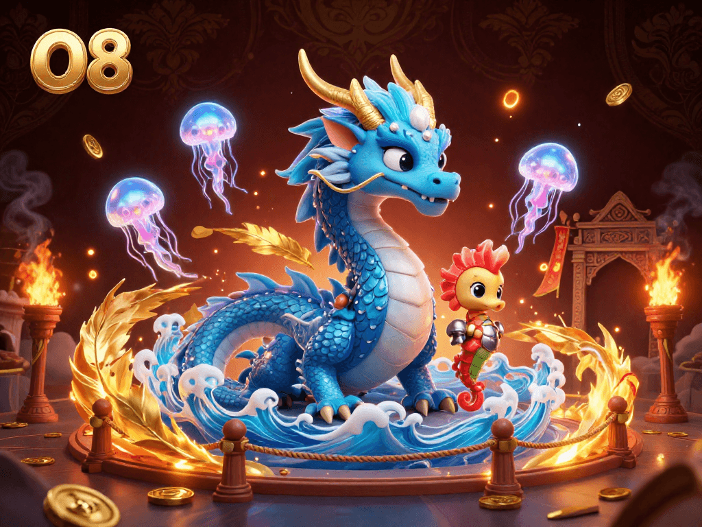 O8 immerses players in dynamic casino action with a dragon, knight, and jellyfish amid vibrant gameplay elements.