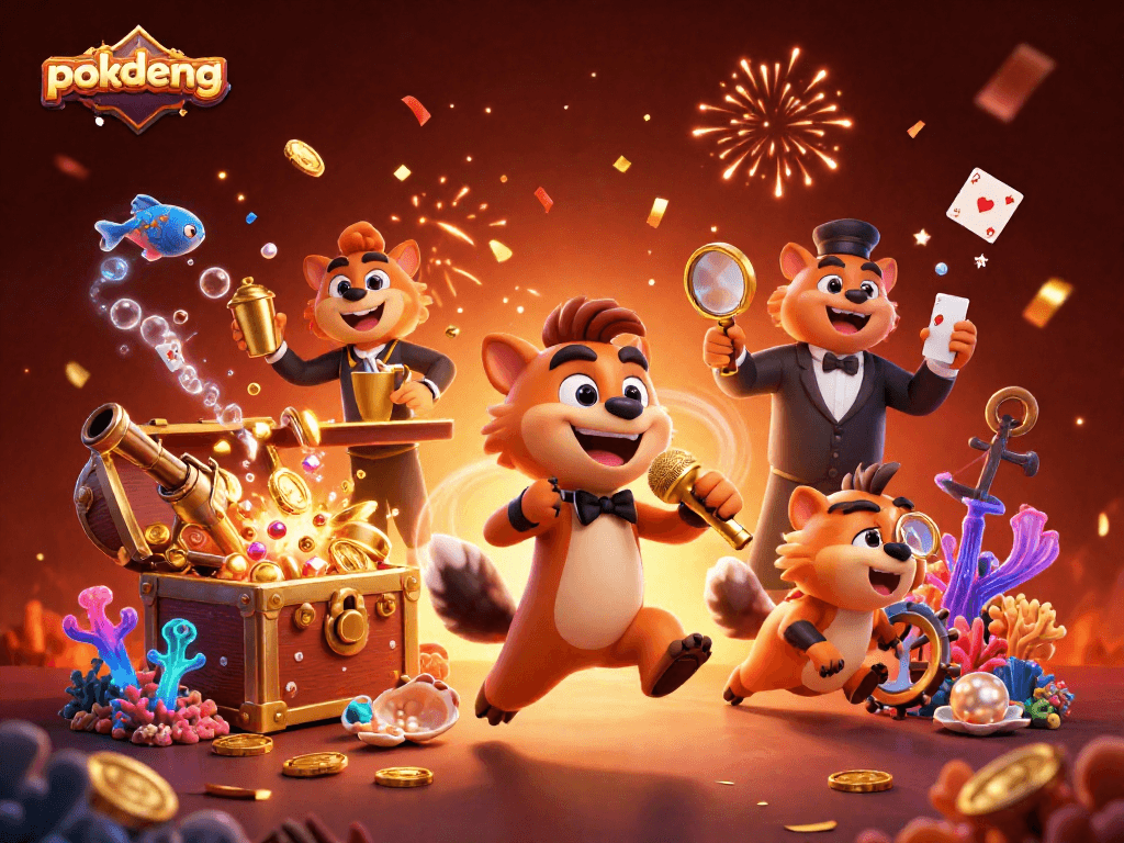 Experience the excitement of pokdeng-online88 with lively hyenas in a comedy casino scene, showcasing vibrant casino elements.