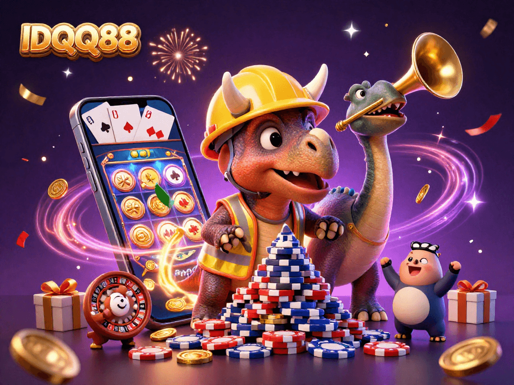 Celebrate wins at IDQQ88 with an energetic 3D casino scene featuring fun dino characters.