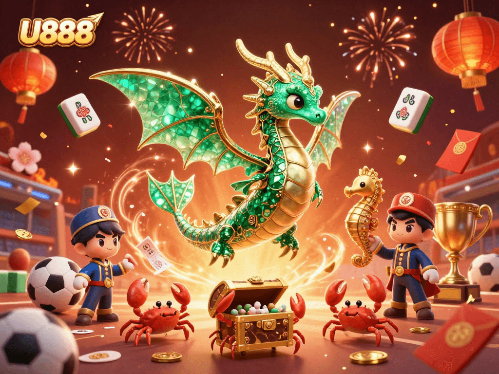Experience thrilling sports betting with U888's vibrant scene featuring magical dragons and dynamic game elements.