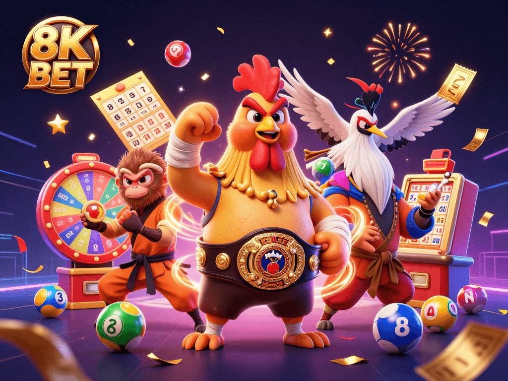 Experience the excitement of 8K BET with vibrant characters and dynamic gambling elements in a casino-themed 3D illustration.