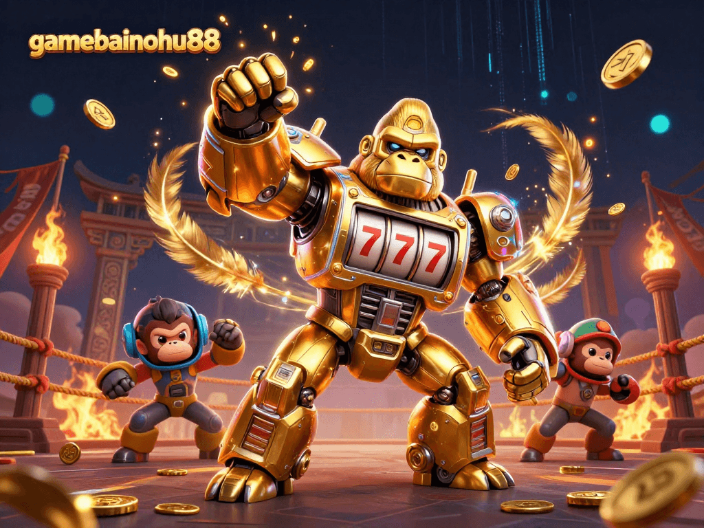 Join the adventure in gamebainohu88 with a golden gorilla mech exploring vivid casino elements and treasures.