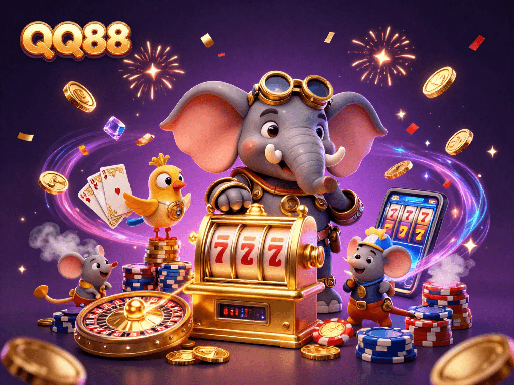 Experience thrilling action with QQ88's golden slot machine and vibrant casino elements.