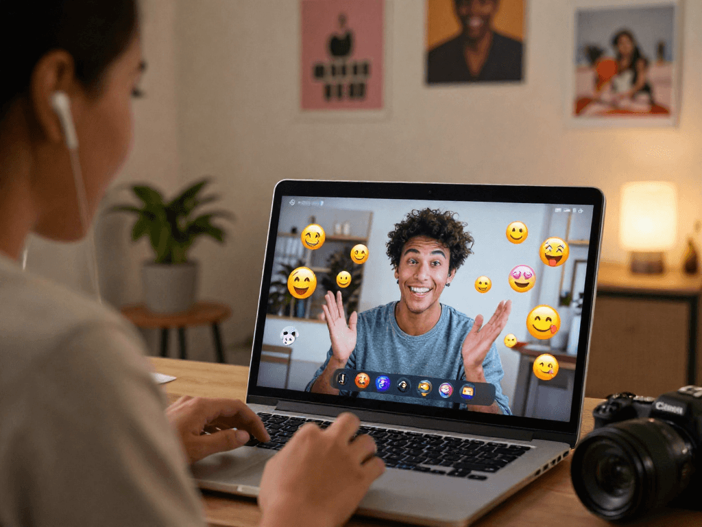 Exciting spicy chat session on a vibrant online platform with interactive emojis and smiling user.