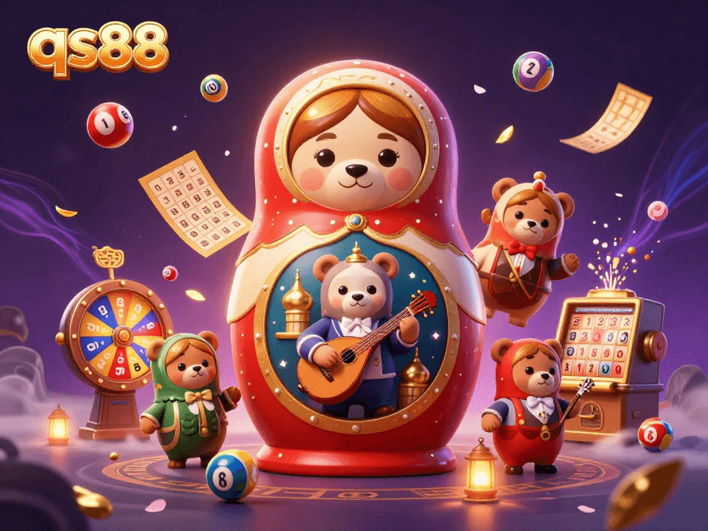 Engage with qs88 lottery thrills, featuring a colorful scene of bears and gaming elements.