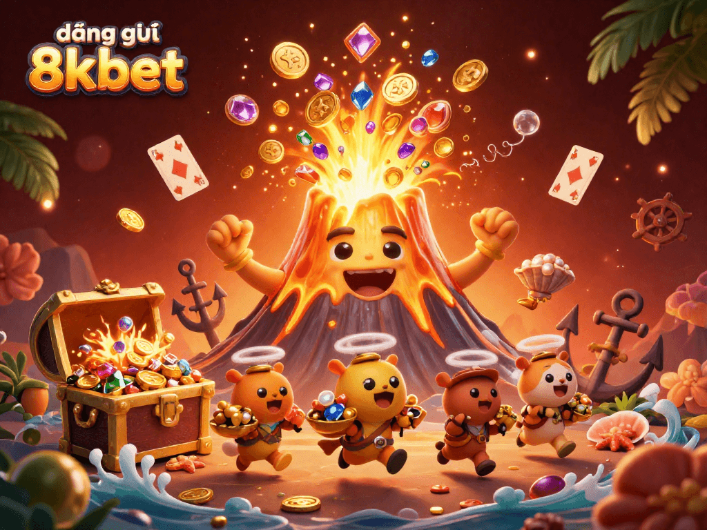 Engage in exciting gameplay with đăng ký 8kbet, featuring a 3D cartoon volcanic eruption and treasures.
