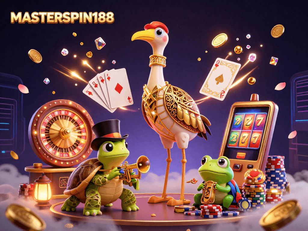 Experience winning fun with the MASTERSPIN188 casino scene featuring animated characters and vibrant slot elements.