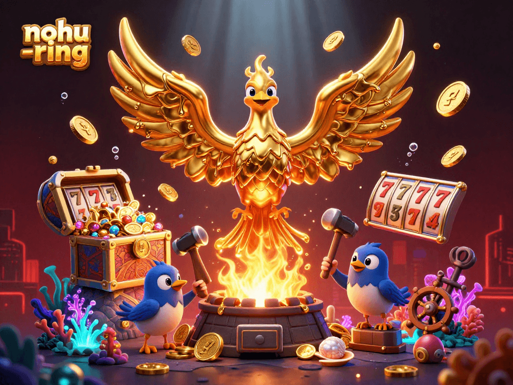 Engage in the nohu-ring action with a molten phoenix and treasure-filled journey in this vibrant illustration.