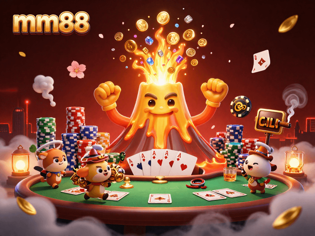 Experience the excitement of mm88 with a lively 3D illustration of a volcano erupting coins, poker elements, and explorer animals.