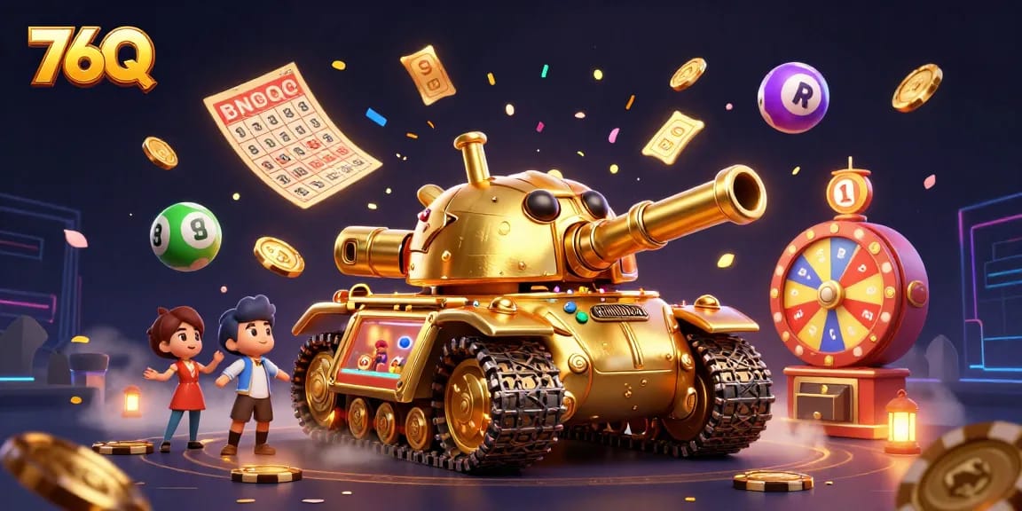 Explore a emoção do jogo com 76Q em um cassino miniatura dentro de um tanque dourado.