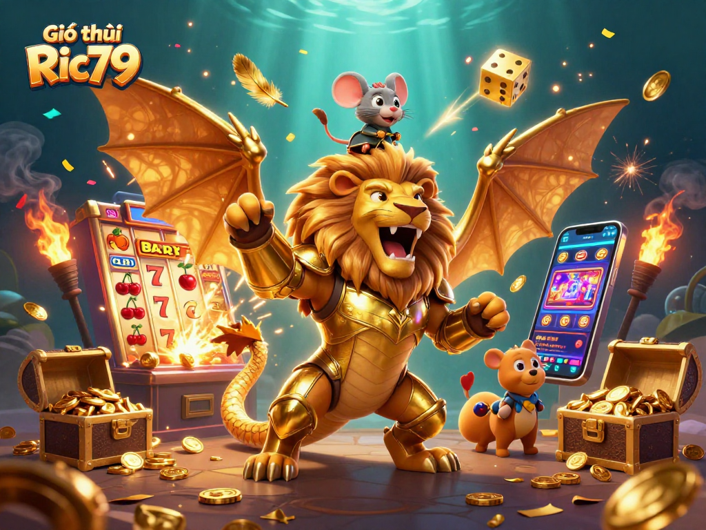 Spin and win with Giới thiệu Ric79 in a vibrant casino adventure scene featuring exciting game elements.