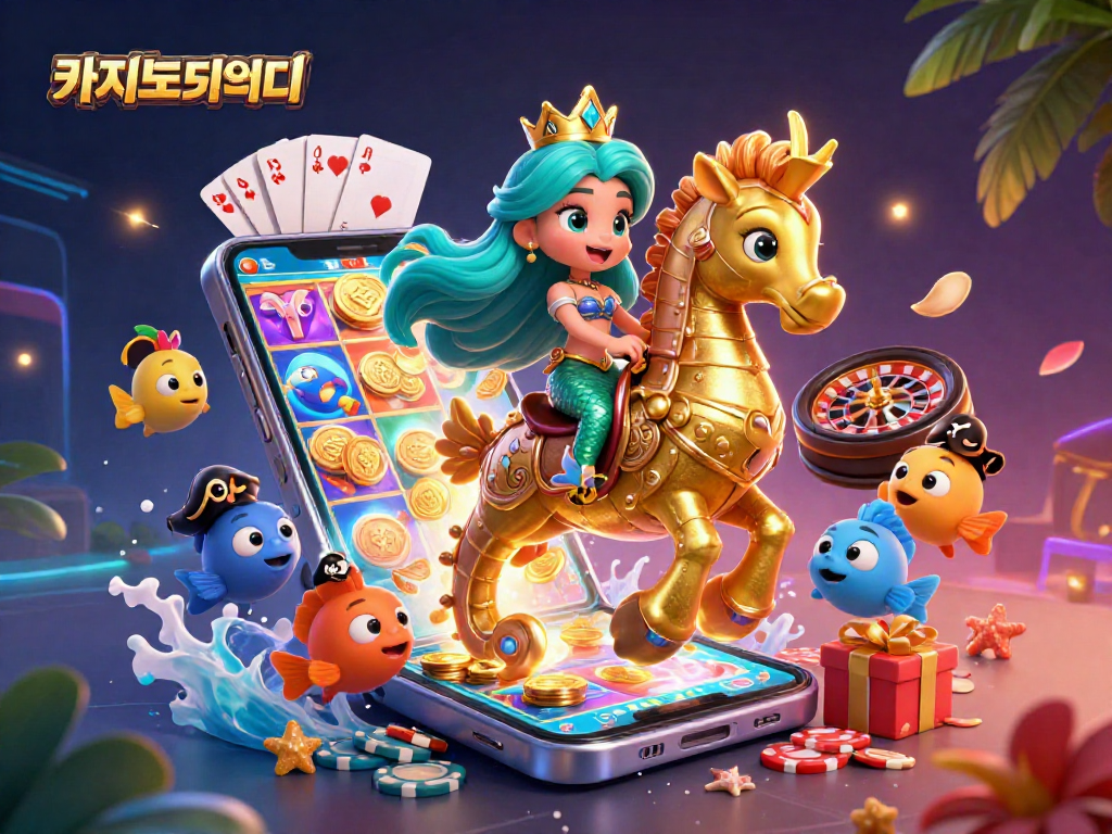 카지노사이트에서 다양한 슬롯 게임을 즐기는 3D 만화 인어 공주와 해마의 화려한 일러스트입니다.