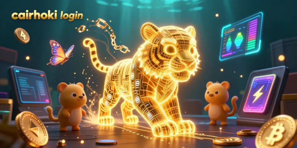 Grafik dinamis cairhoki login yang menampilkan harimau neon 3D mengelilingi lingkungan kasino digital dengan elemen kripto.