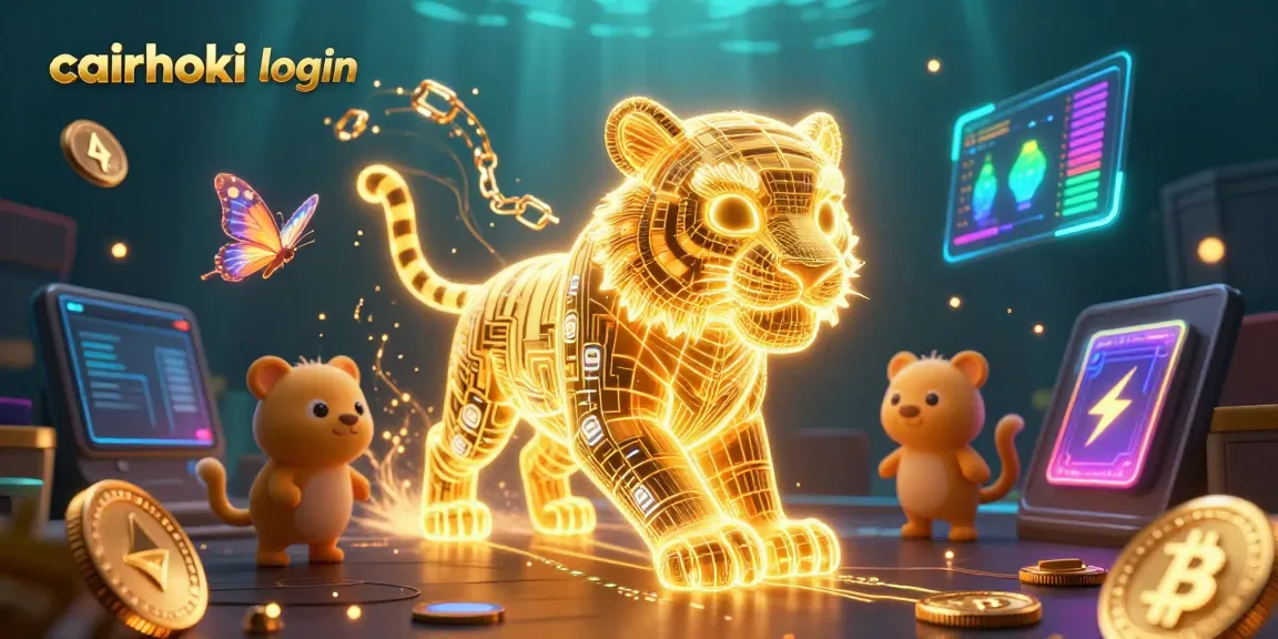 Grafik dinamis cairhoki login yang menampilkan harimau neon 3D mengelilingi lingkungan kasino digital dengan elemen kripto.