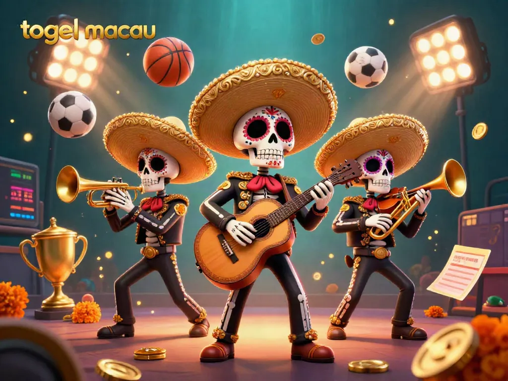 Bet on togel macau with a vibrant mariachi band illustration surrounded by dynamic sports elements.