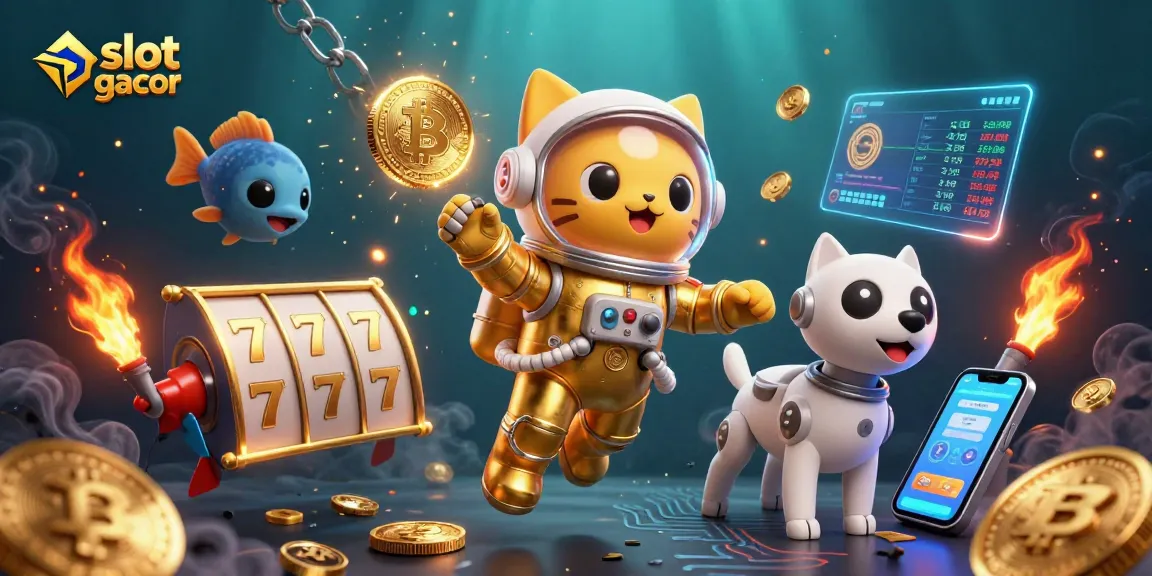 Engage with exciting slot gacor games surrounded by dynamic characters and glowing cryptocurrencies.