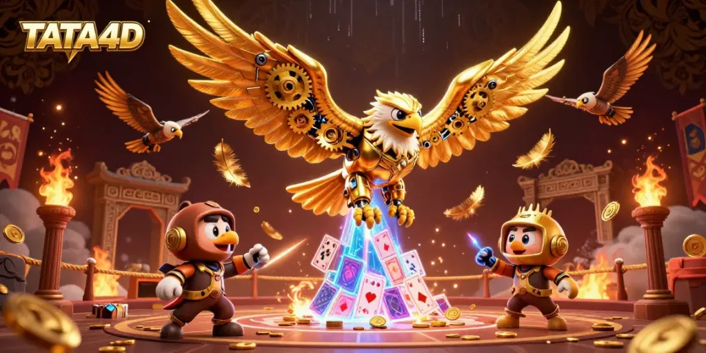 Engage with TATA4D's thrilling casino atmosphere featuring a cybernetic eagle amidst holographic cards.
