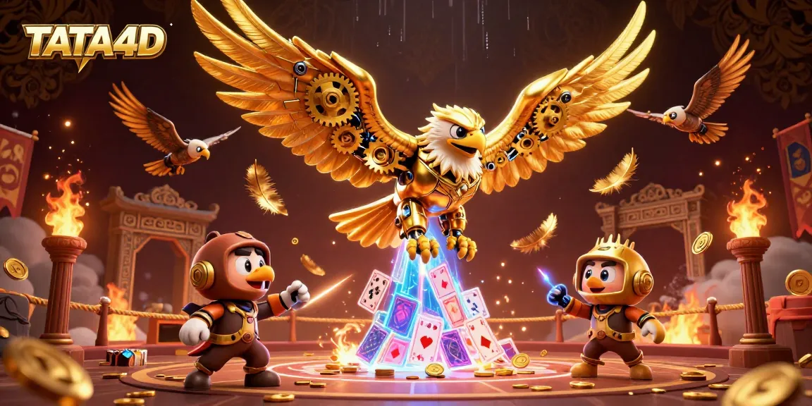 Engage with TATA4D's thrilling casino atmosphere featuring a cybernetic eagle amidst holographic cards.