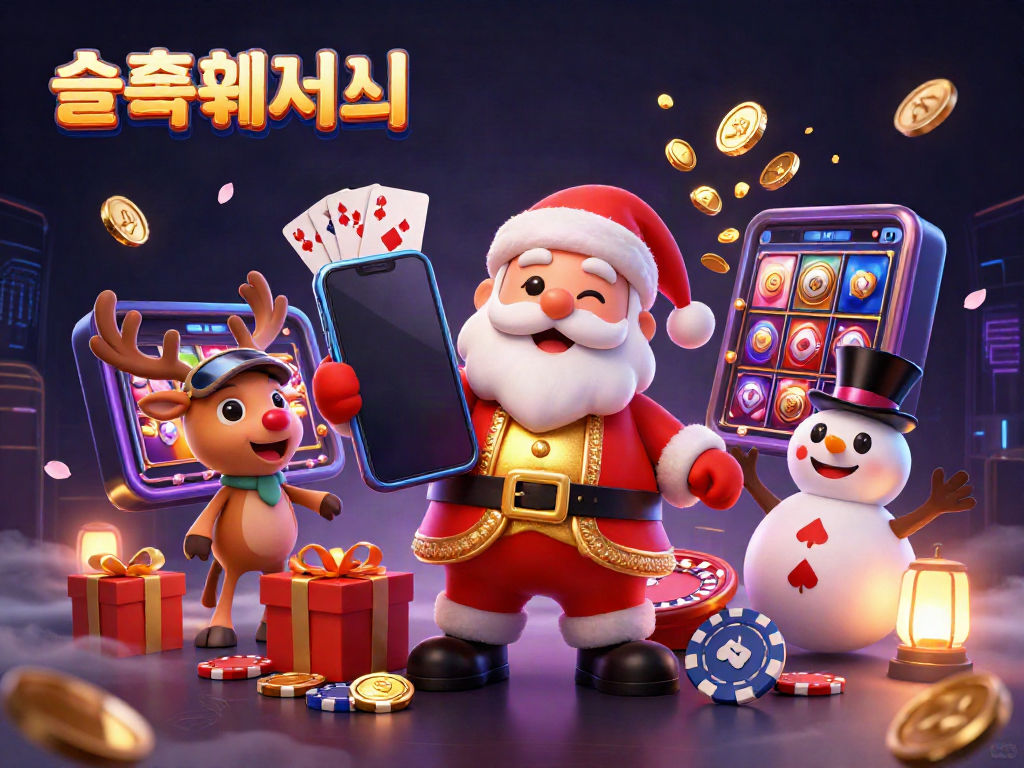 슬롯사이트에서 유쾌한 산타와 친구들이 슬롯게임을 즐기는 화려한 장면