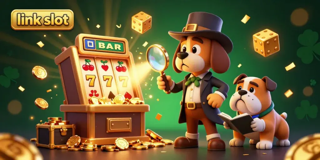 Spin the exciting link slot featuring a detective dog duo hunting for a golden poker clue amidst vibrant slot symbols.