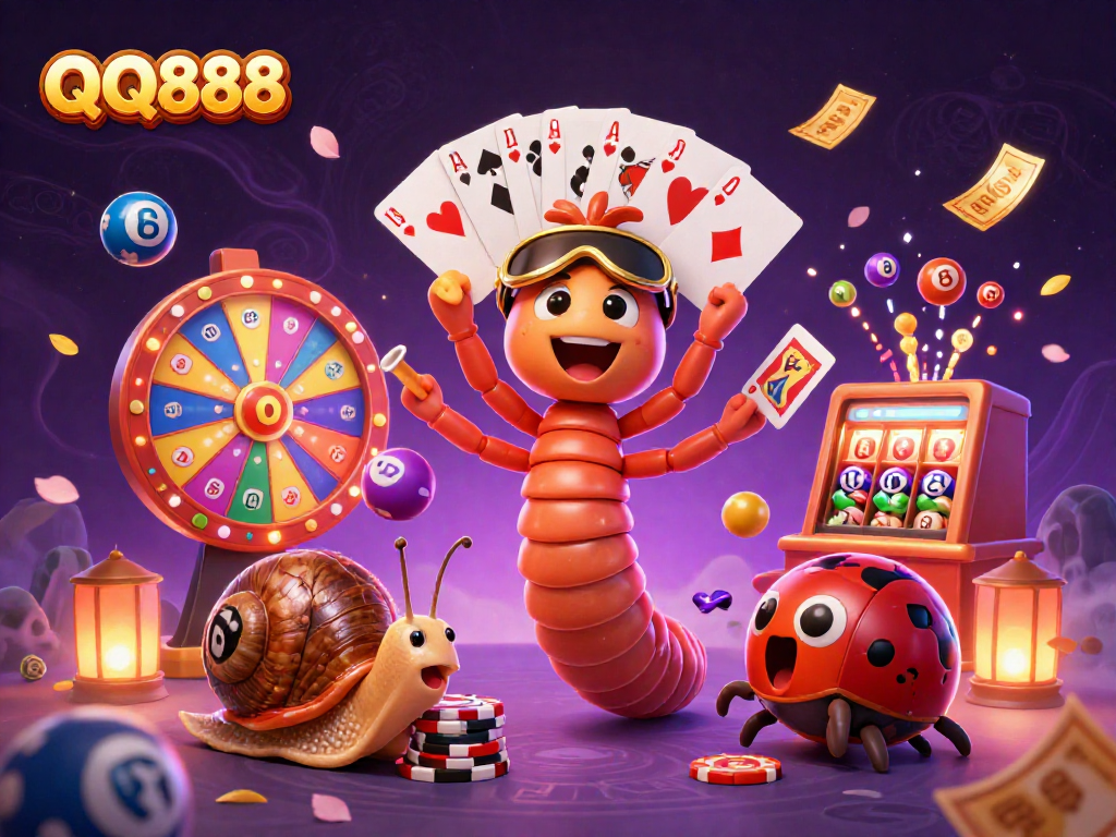 Experience the thrill of QQ888 with a vibrant scene of cartoon characters and casino elements.