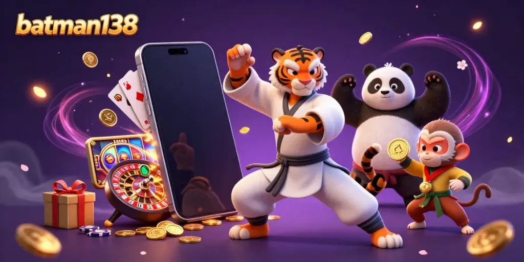 Engage with batman138's dynamic gaming scene featuring a kung fu tiger master among vibrant casino elements.