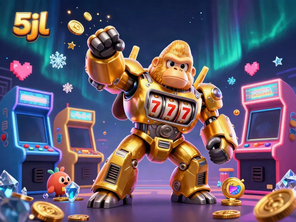 Experience 5jl's golden gorilla mech in a vibrant, detail-rich casino adventure.