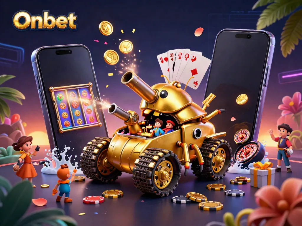 Engage with Onbet's exciting miniature casino inside a golden beetle tank filled with vibrant gaming elements.
