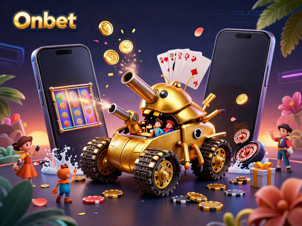 Engage with Onbet's exciting miniature casino inside a golden beetle tank filled with vibrant gaming elements.
