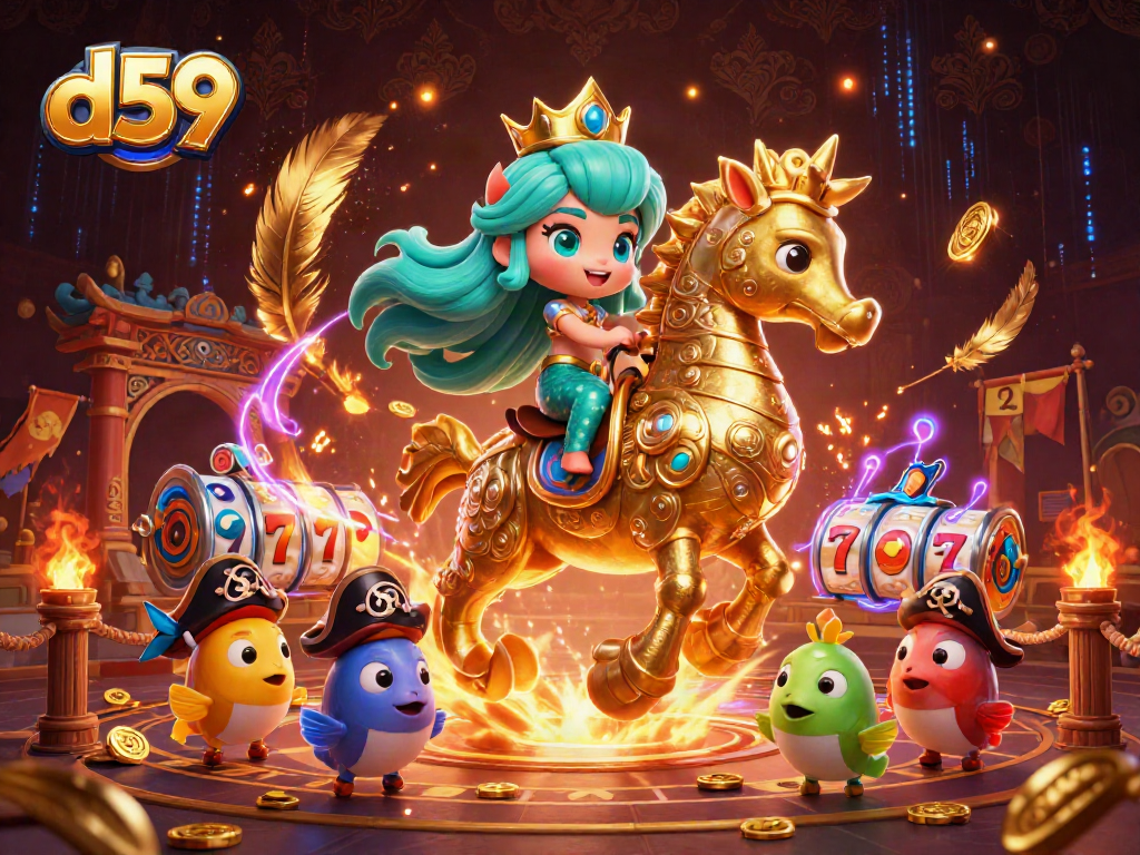 Spin and win with d59 slot reels amidst vibrant casino characters and thrilling elements.