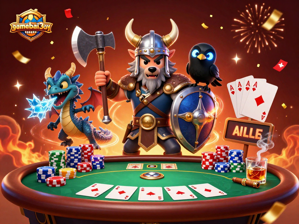 Gamebai3cay showcases a Viking wolf warrior with a fierce dragon and poker elements in a vibrant casino scene.