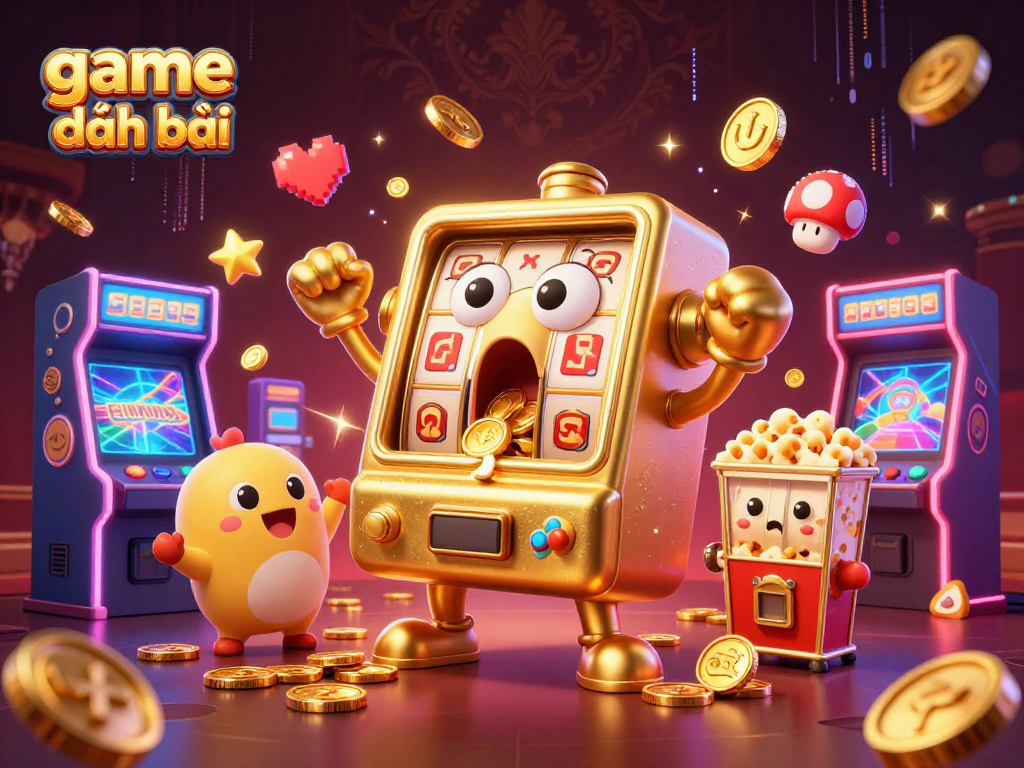 game đánh bài scene featuring a golden slot machine celebrating a jackpot with cheering baby slot machines and a popcorn sidekick