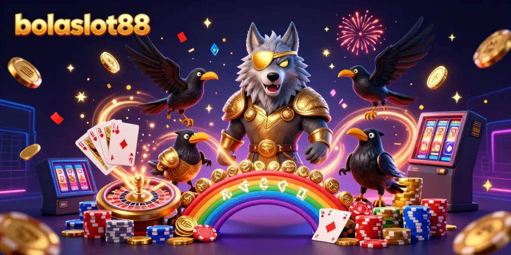Experience the thrill of bolaslot88 with an epic 3D illustration featuring Norse characters amidst vibrant casino elements.
