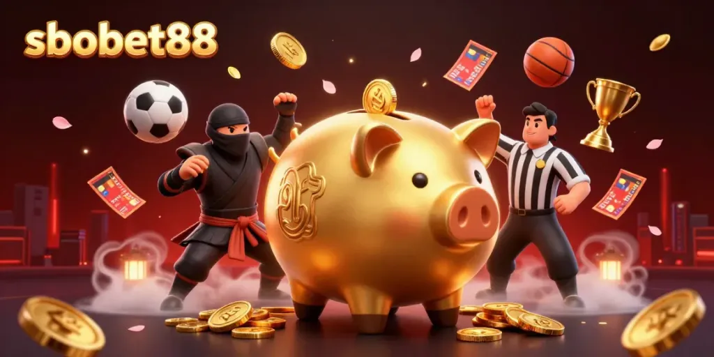 Engage in thrilling sports betting action with sbobet88 illustrated by vibrant characters and dynamic gambling elements.