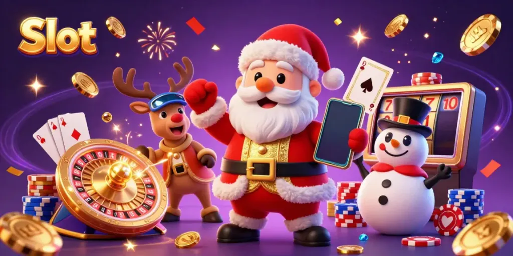 Spin the Slot reels with Santa and friends amid flying coins and festive casino vibes