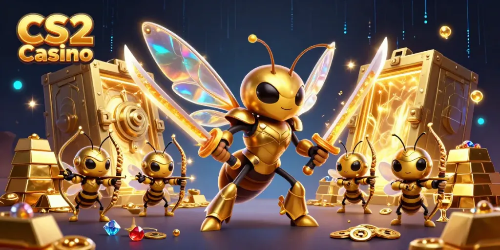 Engage with the vibrant CS2 Casino scene featuring a golden hornet and bee archers amidst treasures.