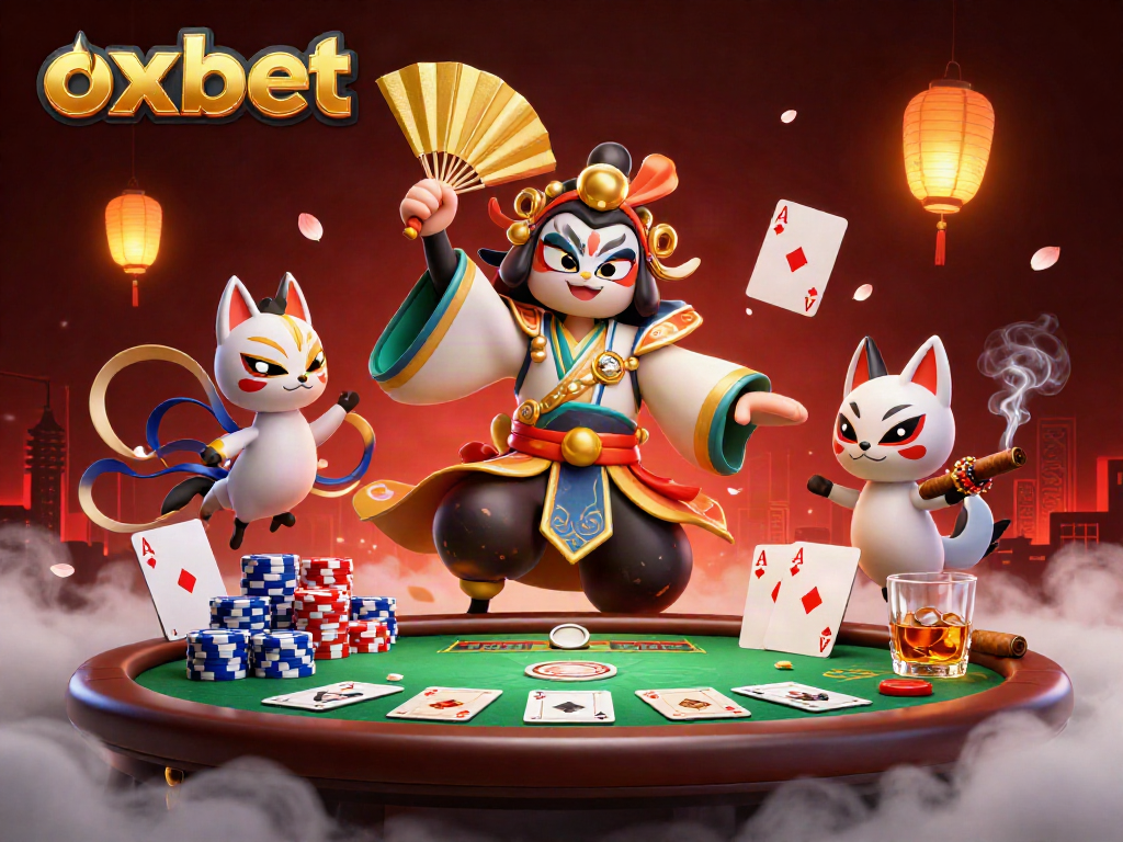 Bet big at oxbet with a vibrant 3D illustration featuring dynamic poker action and traditional motifs.