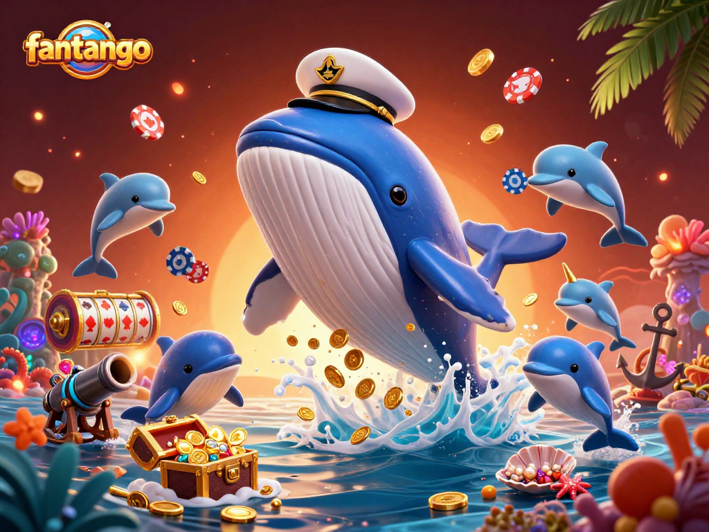 Engage with fantango as playful dolphins showcase poker chip tricks alongside a captivating whale and narwhal.