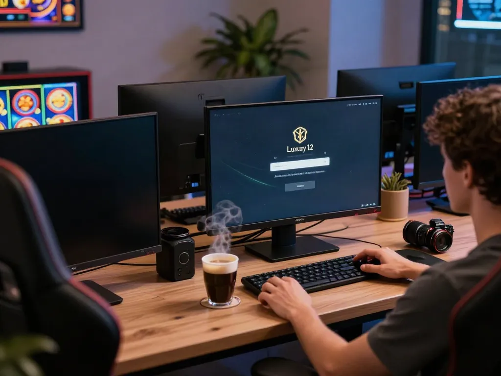 Engaging online gaming setup showcasing luxury12 login screen and vibrant slot games.