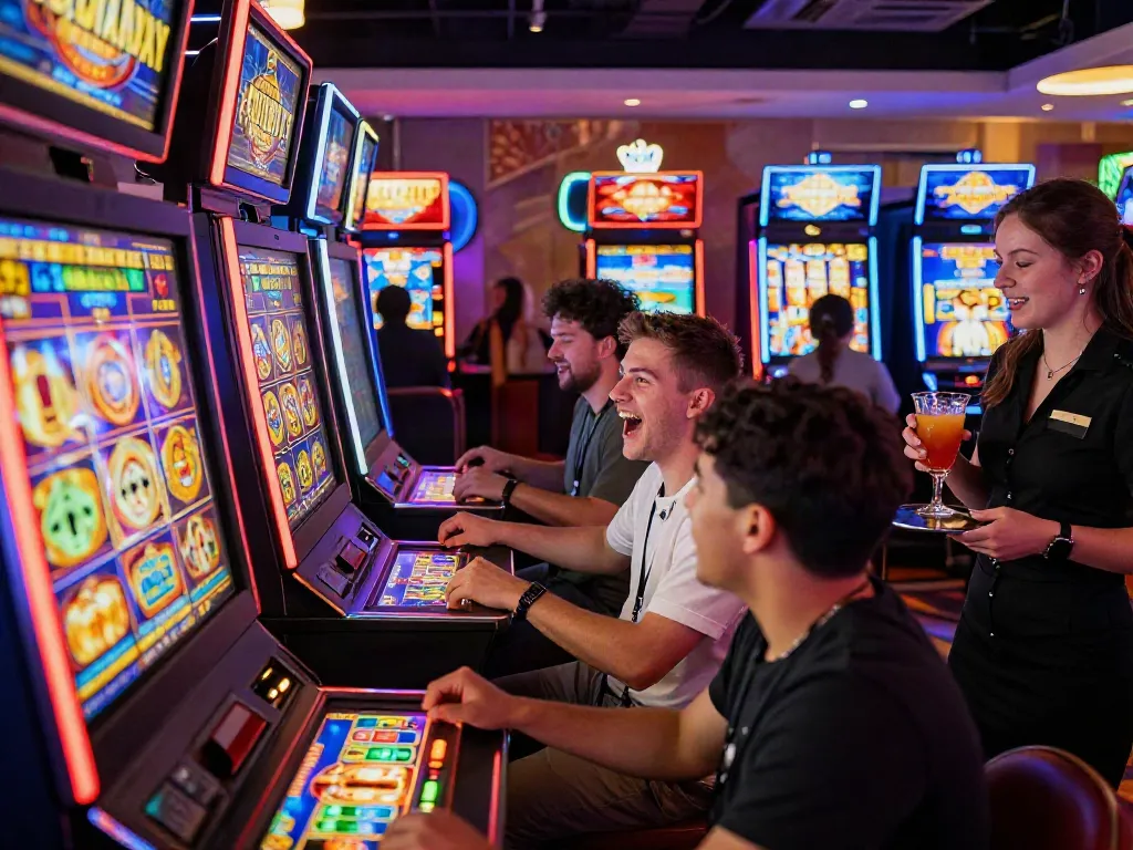 Exciting slot game experience in a vibrant casino setting with players and bright graphics.