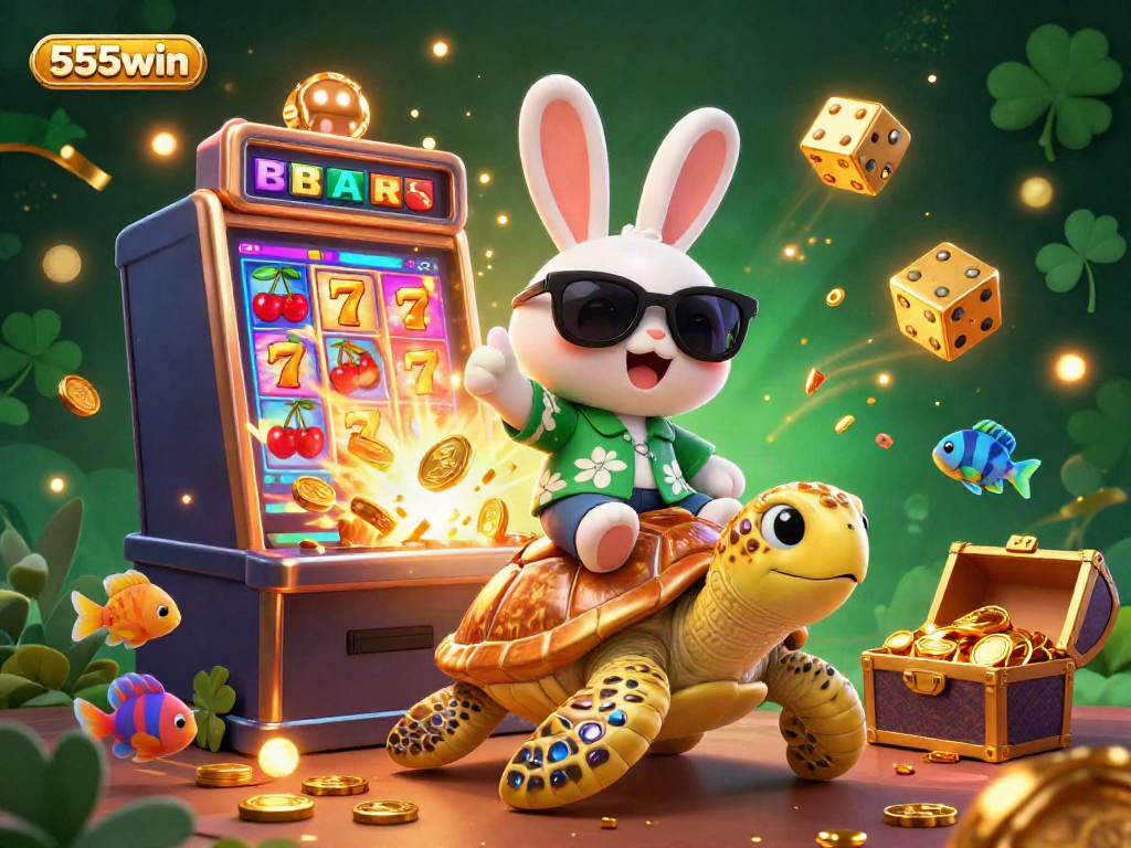 Experience the thrill of 555win with a lucky rabbit and golden sea turtle amid a vibrant casino scene.